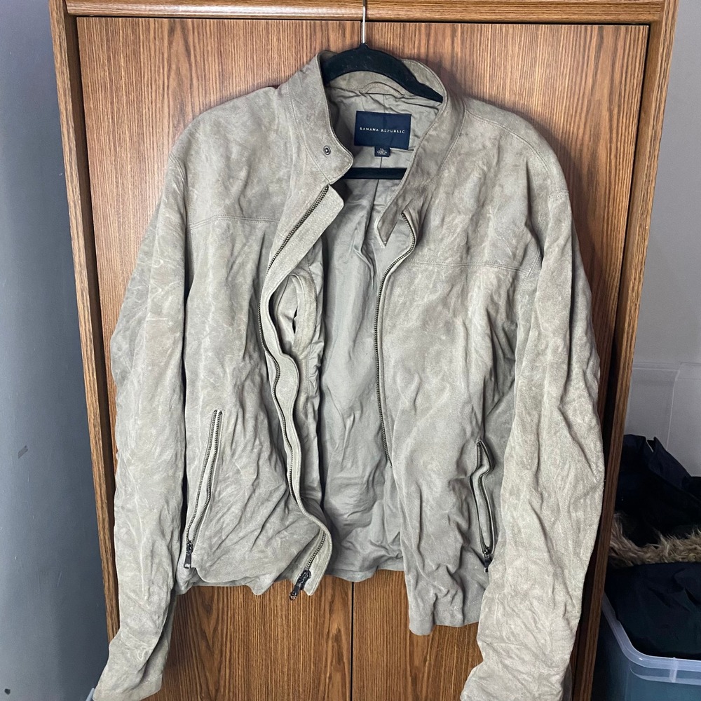 Banana Republic Moto Jacket Women XL Taupe Genuine Suede Leather Zip Up